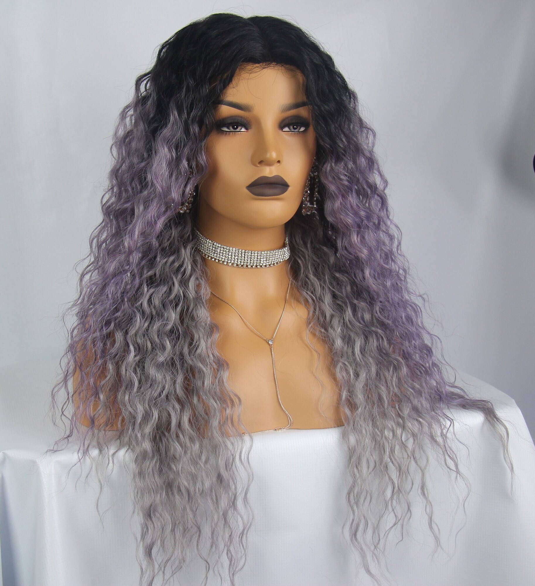Multi Tonal Black Roots Purple Grey Ombre Long Length Wavy 6 Etsy