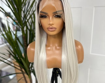 Premium Synthetic Fibre |Rooted White/Platinum Blonde |Long Straight 13 by 6 Transparent Lace Frontal Wig| Half Up Half Down| Ready to Ship