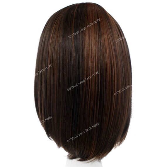 Mid Dark Brown And Light Auburn Highlights Medium Length Straight Bob Lace Front Wig Premium Synthetic Fibre Victoria Beckham Style