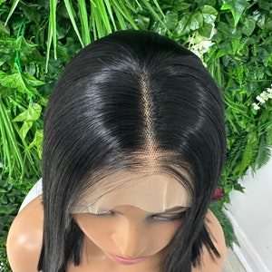 ICE Straight Chic Bob Black Transparent Lace Frontal Wig Middle Part Realistic Hairline Heat Safe Synthetic Fibre image 6