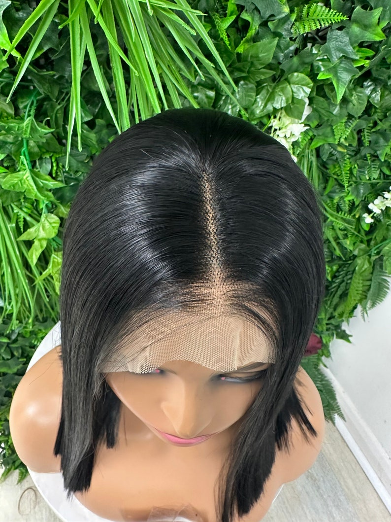 ICE Straight Chic Bob Black Transparent Lace Frontal Wig Middle Part Realistic Hairline Heat Safe Synthetic Fibre image 6
