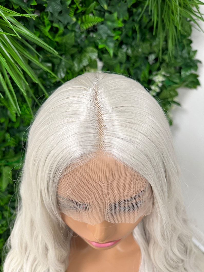 Sia-Luxury Fibre Ash Blonde /White / Long Wavy Centre Part Premium Heat Safe Synthetic Fibre Soft Swiss Lace Wig image 5