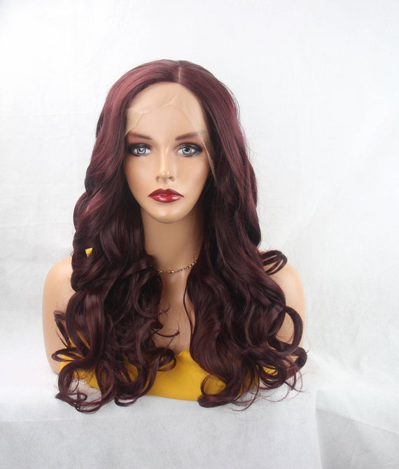 Side Part Deep Burgundy Deep Dark Red Medium Layered Length Wavy Soft Swiss Lace Front Synthetic Wig
