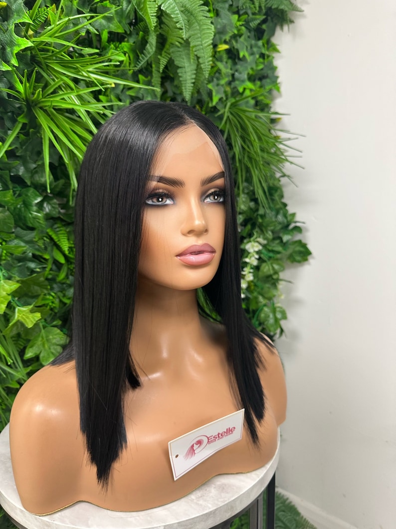 ICE Straight Chic Bob Black Transparent Lace Frontal Wig Middle Part Realistic Hairline Heat Safe Synthetic Fibre image 3