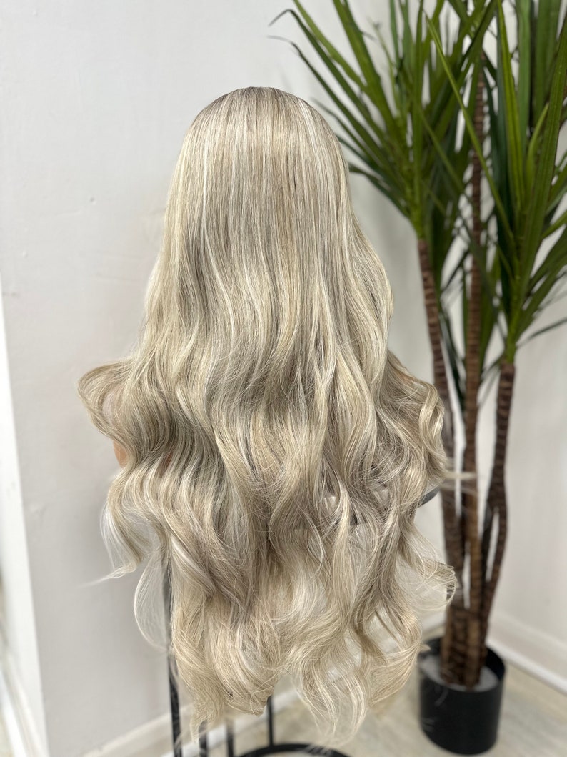 JEAN Long Rooted Light Ash Platinum Blonde Mix Wavy 13 by 4 Lace Frontal Wig Heat Safe Synthetic Fibre Realistic Hairline image 9