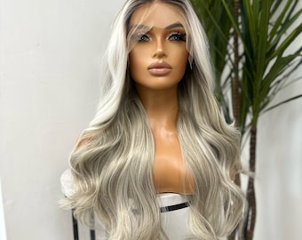 JEAN- Long  Rooted| Light Ash Platinum  Blonde Mix|  Wavy 13 by 4 Lace Frontal Wig| Heat Safe Synthetic Fibre |Realistic Hairline