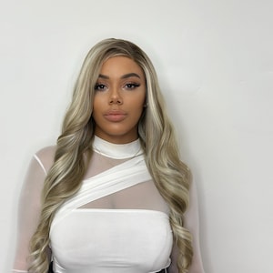 DULCE Ash Brown RootedLight & Platinum Blonde Mix Long Wavy 13 by 4 Lace Frontal Wig Heat Safe Synthetic Hair Realistic Lace Front image 2