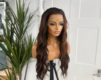 Small  Cap | Brown Auburn Mix |Long Wavy Synthetic  Lace Front Wig | Transparent Lace |Everyday Wig Realistic Hairline | Everyday Wig