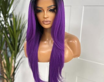 Long layered Straight |Rooted Black / Purple Synthetic   Lace  Front Wig| Half Up Half Down| High Pony | Ready to Ship- Cosplay - Halloween