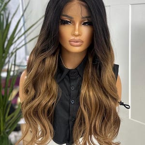 Long Lace Front Wig-Honey Blonde & Brown ombre  Synthetic Hair –Wavy  Wig– Natural Hairline –Glueless Wig – Heat Safe-Beginner Friendly