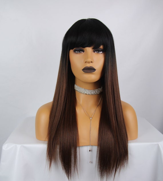 18 Ombre Natural Black Dark Auburn Dark Golden Brown Straight Full Fringe Long Length Premium Synthetic Fiber Wig Nicki Minaj Style