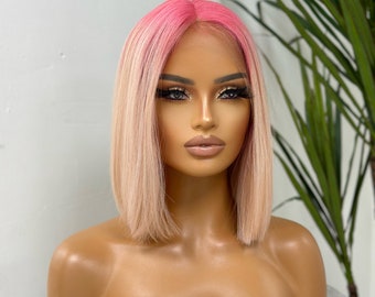 INES-Rooted Pink / Light Pink/ Peach |Straight Short  Bob Wig |T Part Lace Frontal Wig |Synthetic Heat Safe  Fibre |150% Density