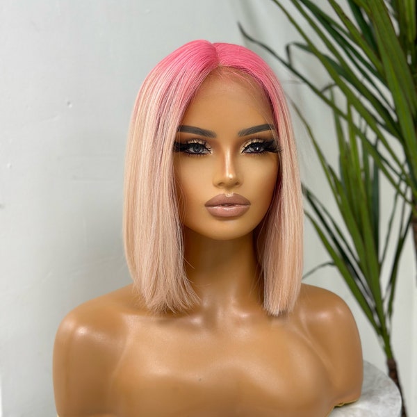 INES-Rooted Pink / Light Pink/ Peach |Straight Short  Bob Wig |T Part Lace Frontal Wig |Synthetic Heat Safe  Fibre |150% Density