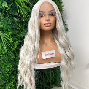 Sia-Luxury Fibre Ash Blonde /White / Long Wavy Centre Part Premium Heat Safe Synthetic Fibre Soft Swiss Lace Wig image 2