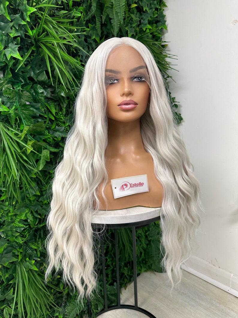 Sia-Luxury Fibre Ash Blonde /White / Long Wavy Centre Part Premium Heat Safe Synthetic Fibre Soft Swiss Lace Wig image 2