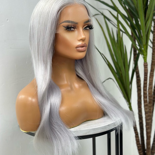 Ready to Ship  Platinum Blonde/ White /Silver Long 16 " 100%  Human Hair |HD Transparent Lace Front Wig | Pre Plucked Hairline | Small Cap