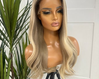 MIAH -18'' Rooted  Champagne   Blonde 100% Human Hair 13 * 6 HD Glueless Lace Frontal Wig | Medium Cap | Hairloss| Ready to Ship | Ear Tabs