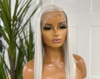 ICE- Straight Bob  Platinum Blonde | Silver | White Transparent Lace Frontal Wig |Middle Part |Realistic Hairline |Premium Synthetic Hair