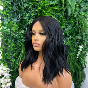 Natural Black 14 Wavy bob Lace Front Wig Heat Safe Synthetic fibre Light Weight Wig S-M Size Everyday Wig Short Wavy Wig image 10