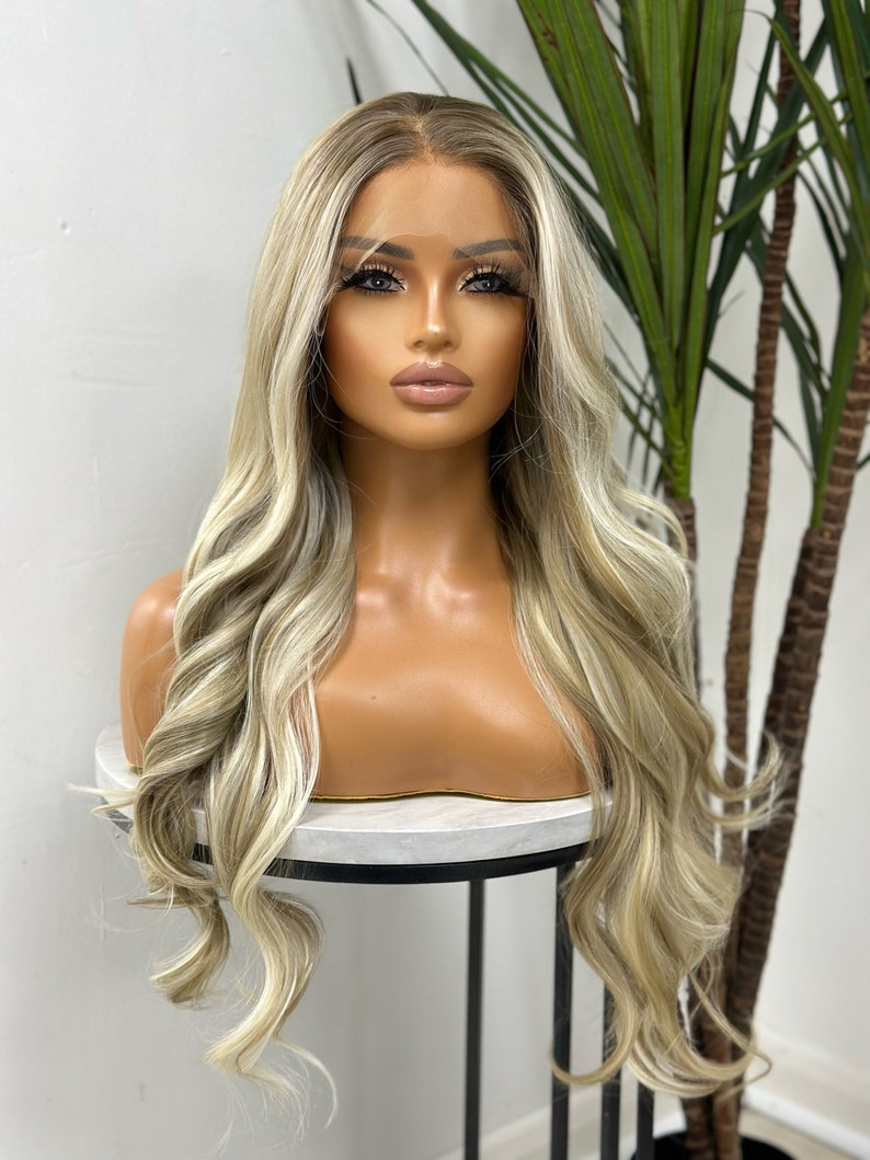 DULCE Ash Brown RootedLight & Platinum Blonde Mix Long Wavy 13 by 4 Lace Frontal Wig Heat Safe Synthetic Hair Realistic Lace Front image 1