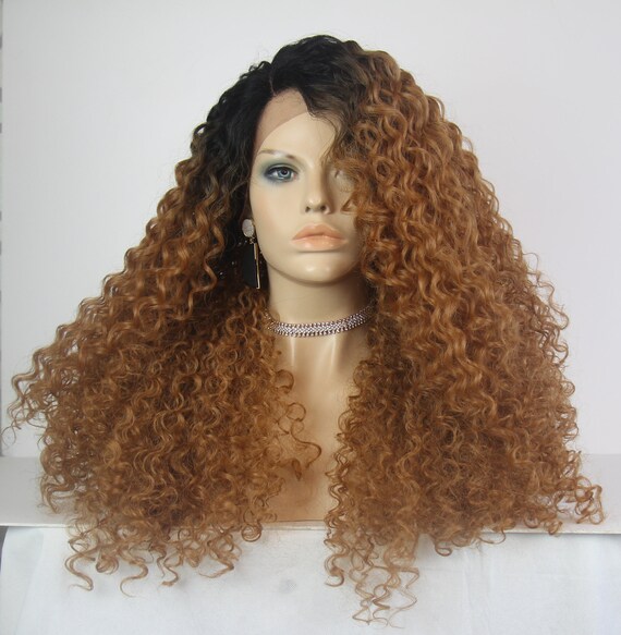2 Tone Jet Black Strawberry Blonde Long Curly Silk Based Etsy