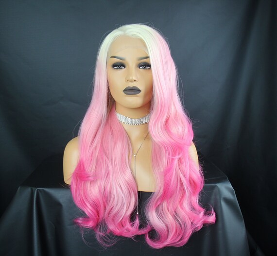 Dip Dye Bleached Blonde Pink Long 24 Inches Long Wavy Curl Layered Premium Synthetic Heat Resistant Fibers