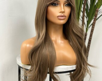 MAYA - Long Wavy | Harvest Brown | Full Synthetic Wig| Full Fringe  Curtain  Bangs