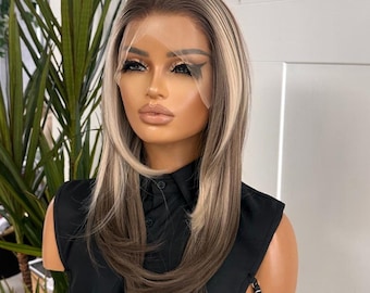 Tweekleurige blonde pruik met kant | 18–20 inch synthetische hittebestendige pruik-camille