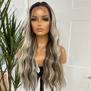 LITZY -Long Wavy | Rooted Brown and Light Carmel  Blonde Mix |Premium Synthetic Heat Safe | Transparent Lace Frontal Wig