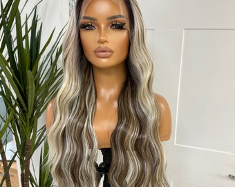 LITZY -Long Wavy | Rooted Brown and Light Carmel  Blonde Mix |Premium Synthetic Heat Safe | Transparent Lace Frontal Wig