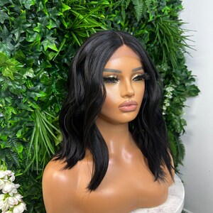 Natural Black 14 Wavy bob Lace Front Wig Heat Safe Synthetic fibre Light Weight Wig S-M Size Everyday Wig Short Wavy Wig image 3