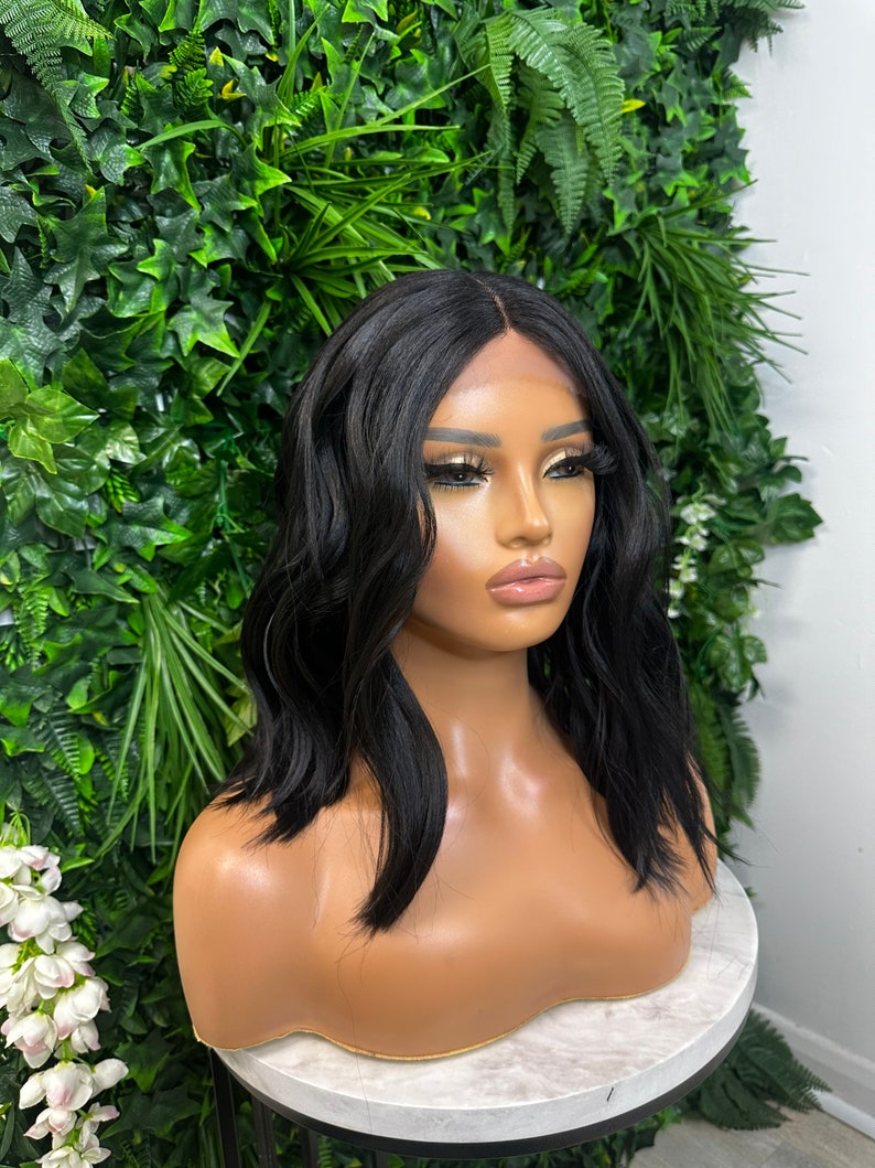 Natural Black 14 Wavy bob Lace Front Wig Heat Safe Synthetic fibre Light Weight Wig S-M Size Everyday Wig Short Wavy Wig image 3