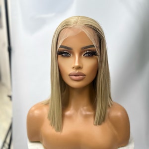 ICE Straight Chic Bob Beige Blonde Transparent Lace Frontal Wig Middle Part Realistic Hairline Heat Safe Synthetic Fibre image 1