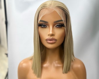 ICE- Straight Chic Bob  | Beige Blonde  | Transparent Lace Frontal Wig |Middle Part |Realistic Hairline |Heat Safe Synthetic Fibre
