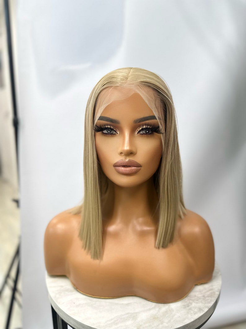 ICE Straight Chic Bob Beige Blonde Transparent Lace Frontal Wig Middle Part Realistic Hairline Heat Safe Synthetic Fibre image 1