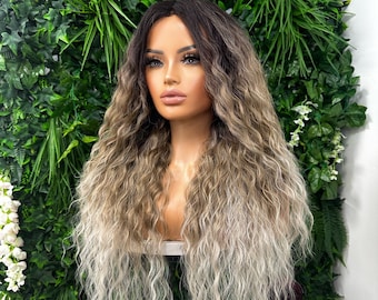 Long Layered Beach Wave Lace Part Wig | Heat Safe Synthetic Fibre | Rooted  Ash Brown  Ombré ~