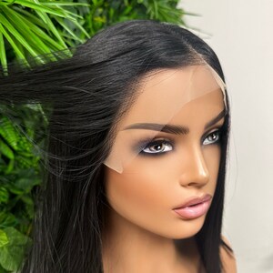 ICE Straight Chic Bob Black Transparent Lace Frontal Wig Middle Part Realistic Hairline Heat Safe Synthetic Fibre image 2