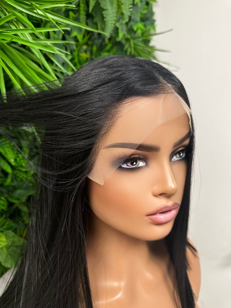 ICE Straight Chic Bob Black Transparent Lace Frontal Wig Middle Part Realistic Hairline Heat Safe Synthetic Fibre image 2