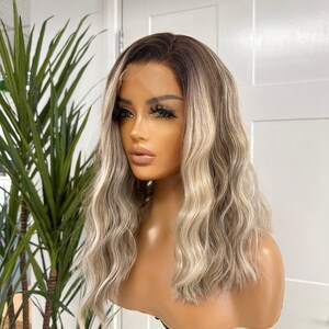 PARIS Short Wavy Bob Platinum Blonde Lowlights Lace Frontal Free Part Wig Realistic Women's Wig Heat Safe Synthetic Fibre image 4