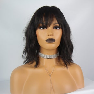 Natural Black Mid Length Wavy | Bangs/Fringe |  Premium Synthetic Heat Safe Fibre Full cap  Wig-