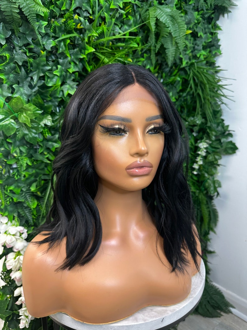 Natural Black 14 Wavy bob Lace Front Wig Heat Safe Synthetic fibre Light Weight Wig S-M Size Everyday Wig Short Wavy Wig image 2