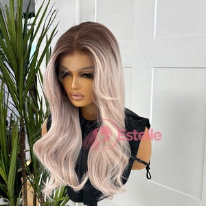 Rooted Soft Pink Lace Front Wig| Wavy Pastel Wig with Dark Roots | Heat Safe Synthetic Hair | Natural Hairline | Festival Cosplay Wig