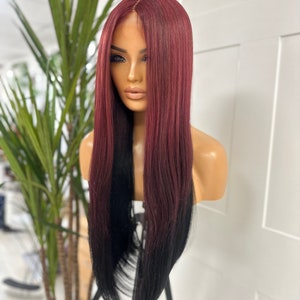 TESS- Straight Extra Long | 3 Tone Dark Red Reverse  Ombré | Transparent Lace Frontal Wig |Middle Part |Heat Safe Synthetic Fibre|