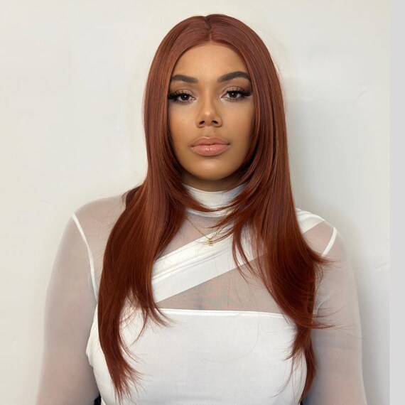 Anthena-copper Red Lace Front Wig Long Layered Straight Mid