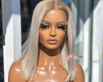 Peluca frontal de encaje de cabello humano rubio platino de 14" / Marrón ceniza con raíces / Encaje HD 13x6 sin pegamento / Densidad del 150% / Lista para enviar