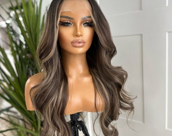 Long Layered |Rich Brown Brown/Ash Blonde Highlight| Premium Heat Safe Synthetic Lace Frontal Wig | Realistic Hairline Transparent Lace