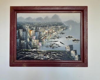 Dipinto a olio d'epoca su tela: scena portuale impressionista, paesaggio urbano, incorniciato