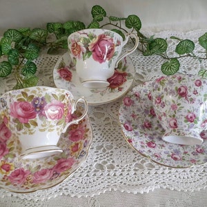English China 3 Cup and Saucer Sets Royal Albert SERENA / Paragon GOLDEN EMBLEM / Collingswood Chintz