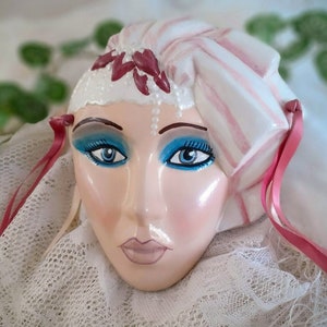 Wall Mask Ceramic Lady Face Handmade Vintage Pink and White Wall Art Boho