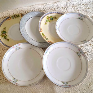 Mismatched Saucers Pastel Colors Collection of 6 Cottagecore Farmhouse Chic Cottage Chic Tea Parties Showers Photo Staging